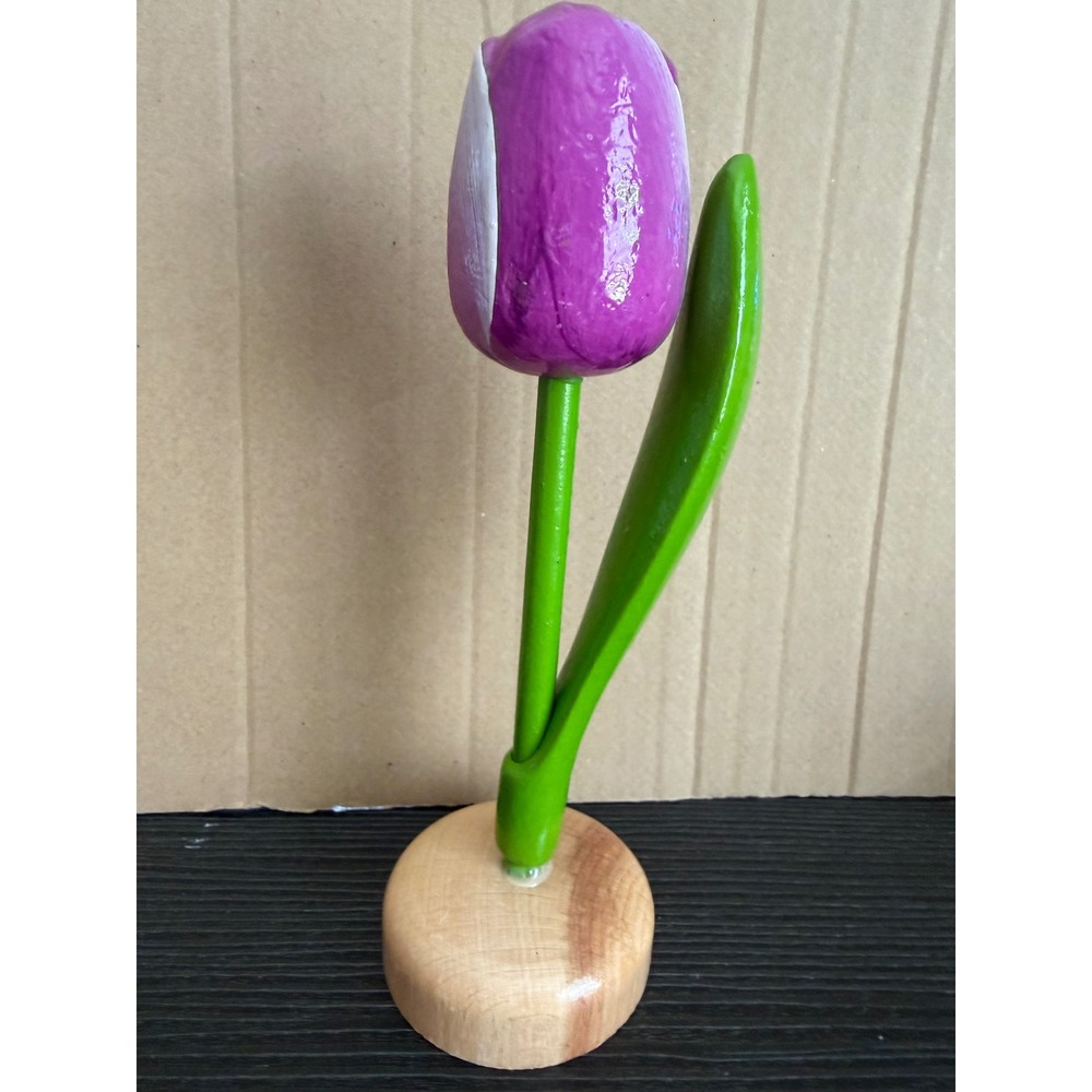 Hand Painted Wooden Tulip Figurine Purple White Flower Decorative Wood Statue7in